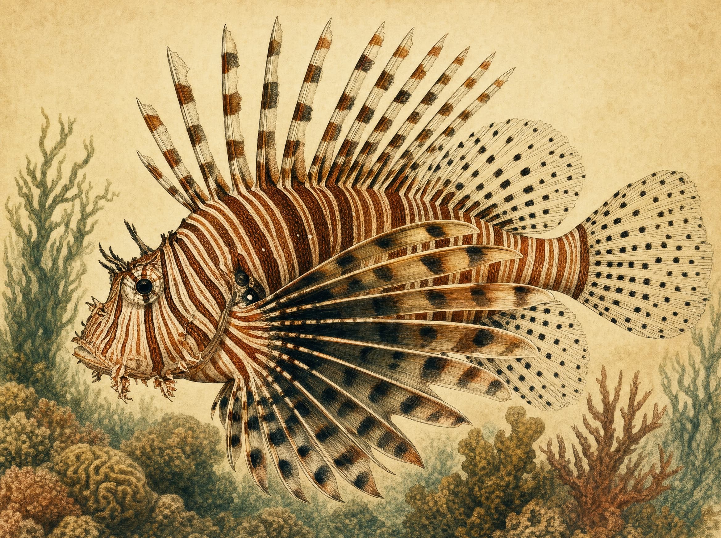 Field guide illustration of Lionfish (Pterois volitans)