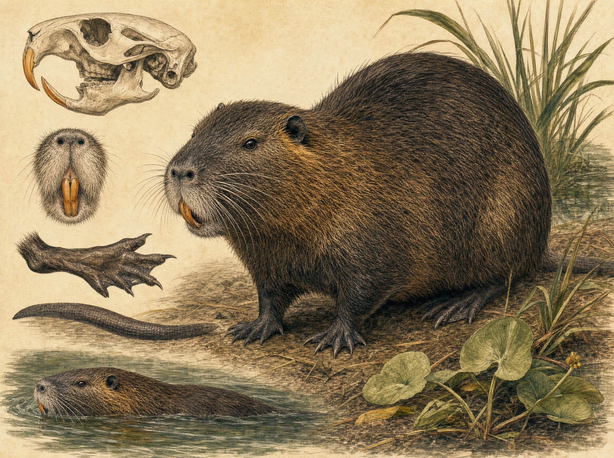 Field guide illustration of Nutria (Myocastor coypus)