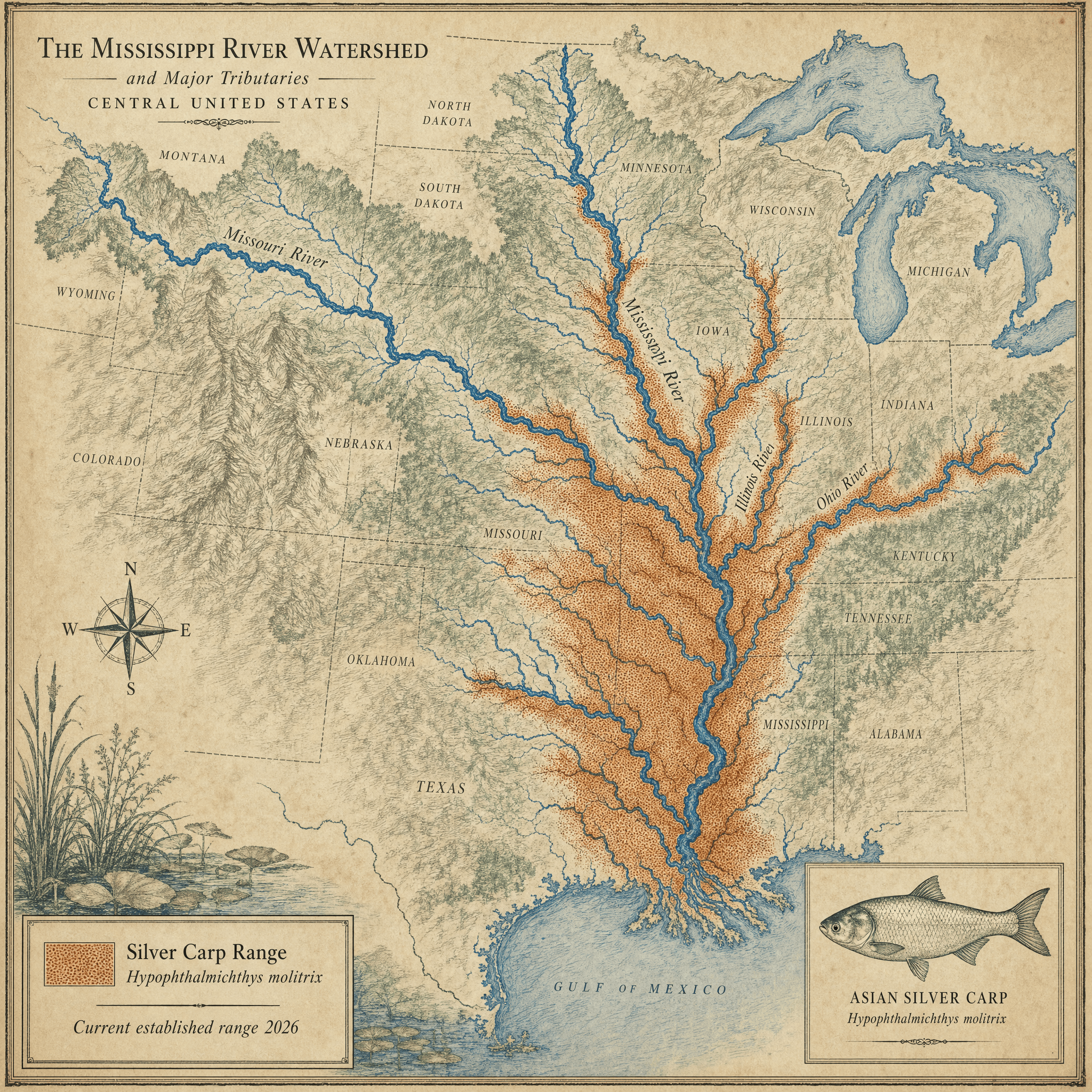 Field guide range map showing silver carp invasion across the Mississippi River basin