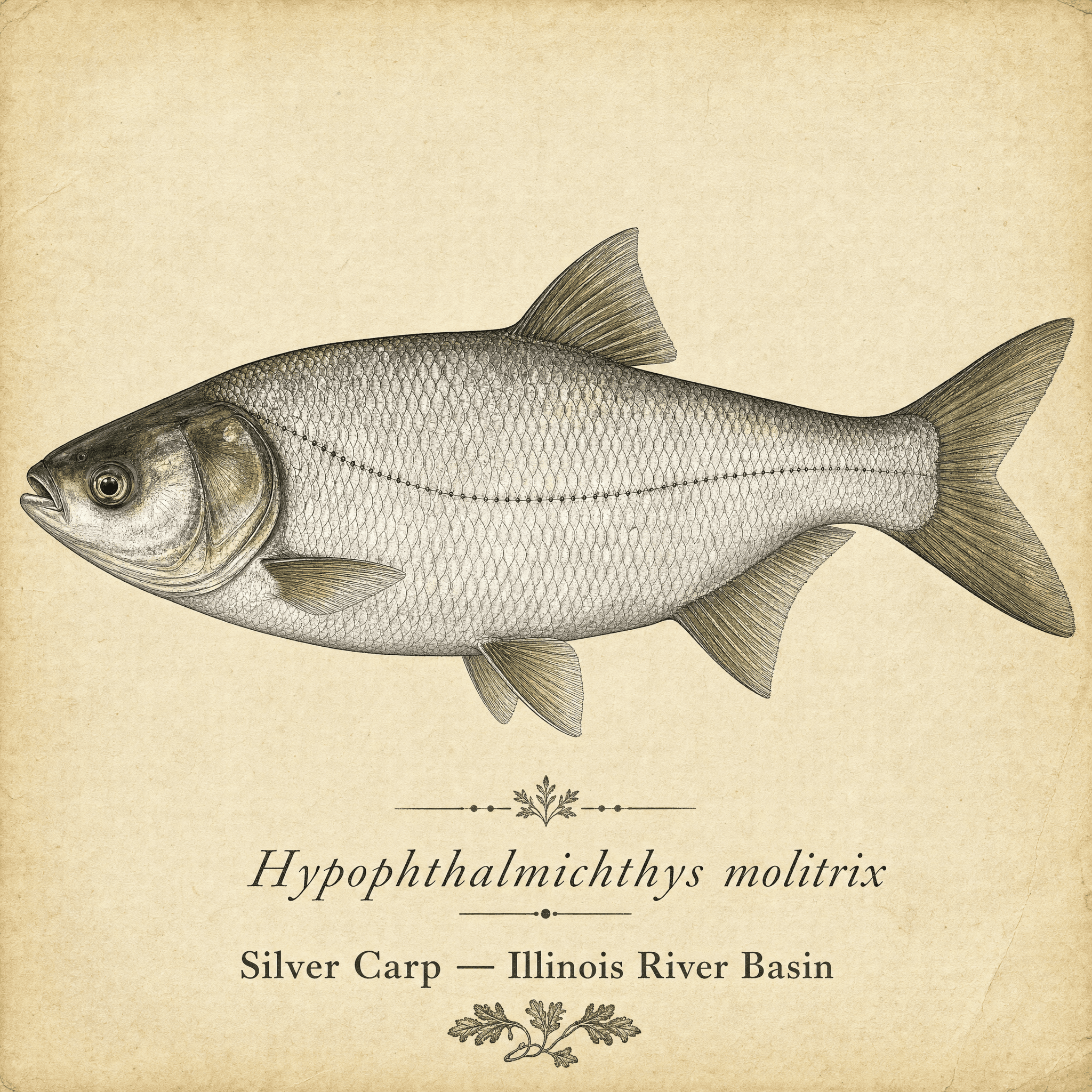 Field guide illustration of silver carp (Hypophthalmichthys molitrix)
