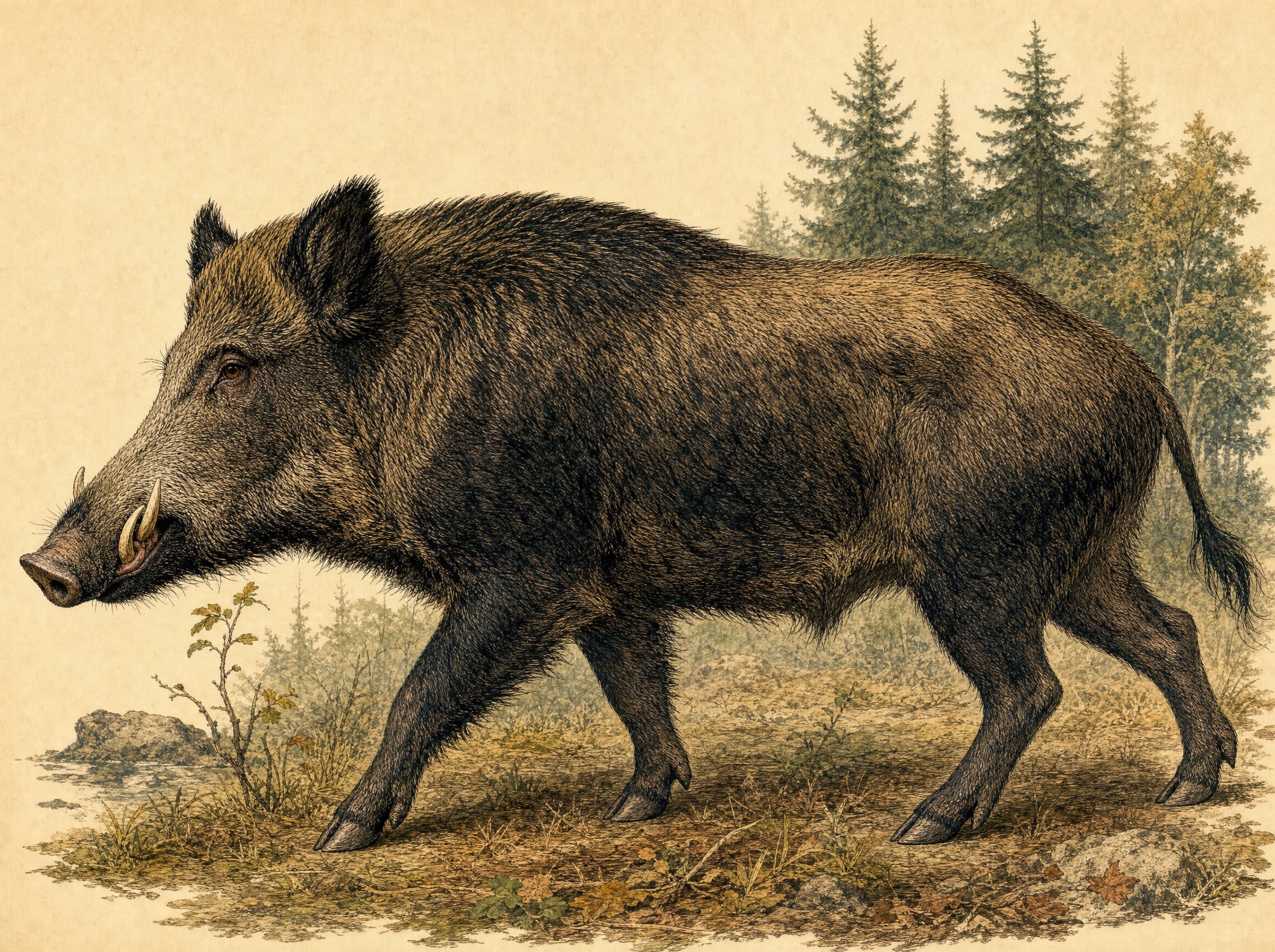 Field guide illustration of Wild Boar (Sus scrofa)